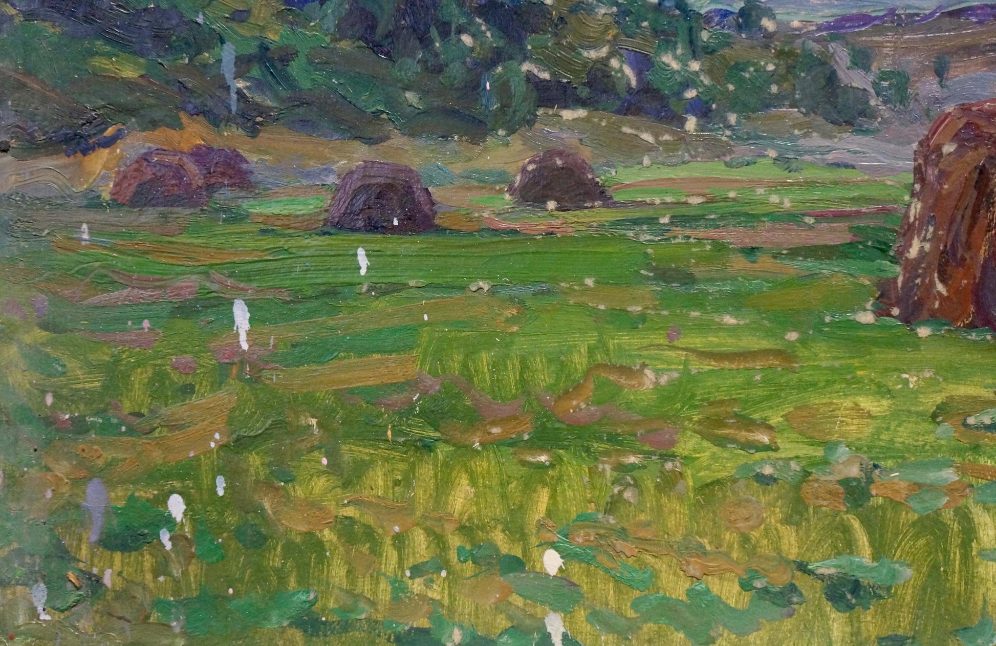 Oil painting Sunset by Fomin Anatoly Nikiforovich: vibrant green field with hay bales