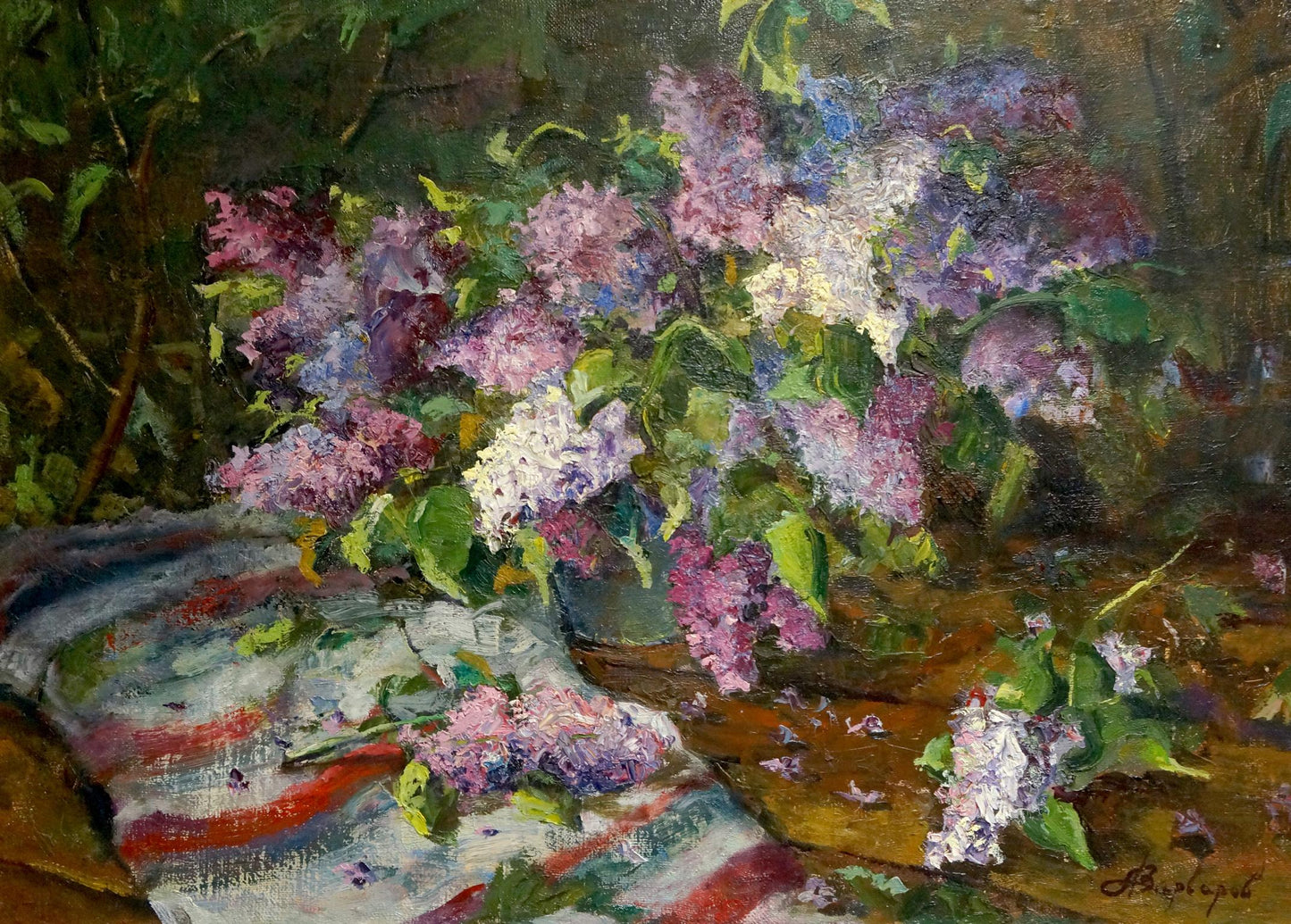 Oil painting Lilac by Anatoly Varvarov: vibrant purple, pink, white bouquet