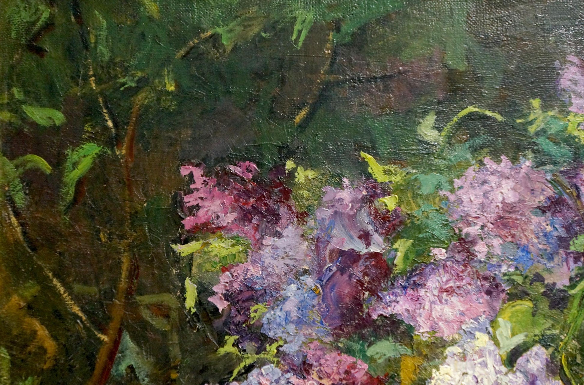 Oil painting Lilac by Anatoly Varvarov: vibrant pink-purple blossoms on green foliage