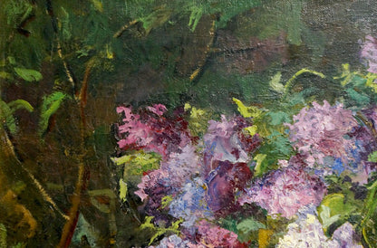 Oil painting Lilac by Anatoly Varvarov: vibrant pink-purple blossoms on green foliage