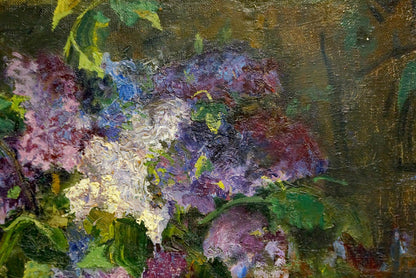 A vibrant, impressionistic painting of lilac blossoms in shades of purple, pink, and white, with lush green leaves against a textured dark background.