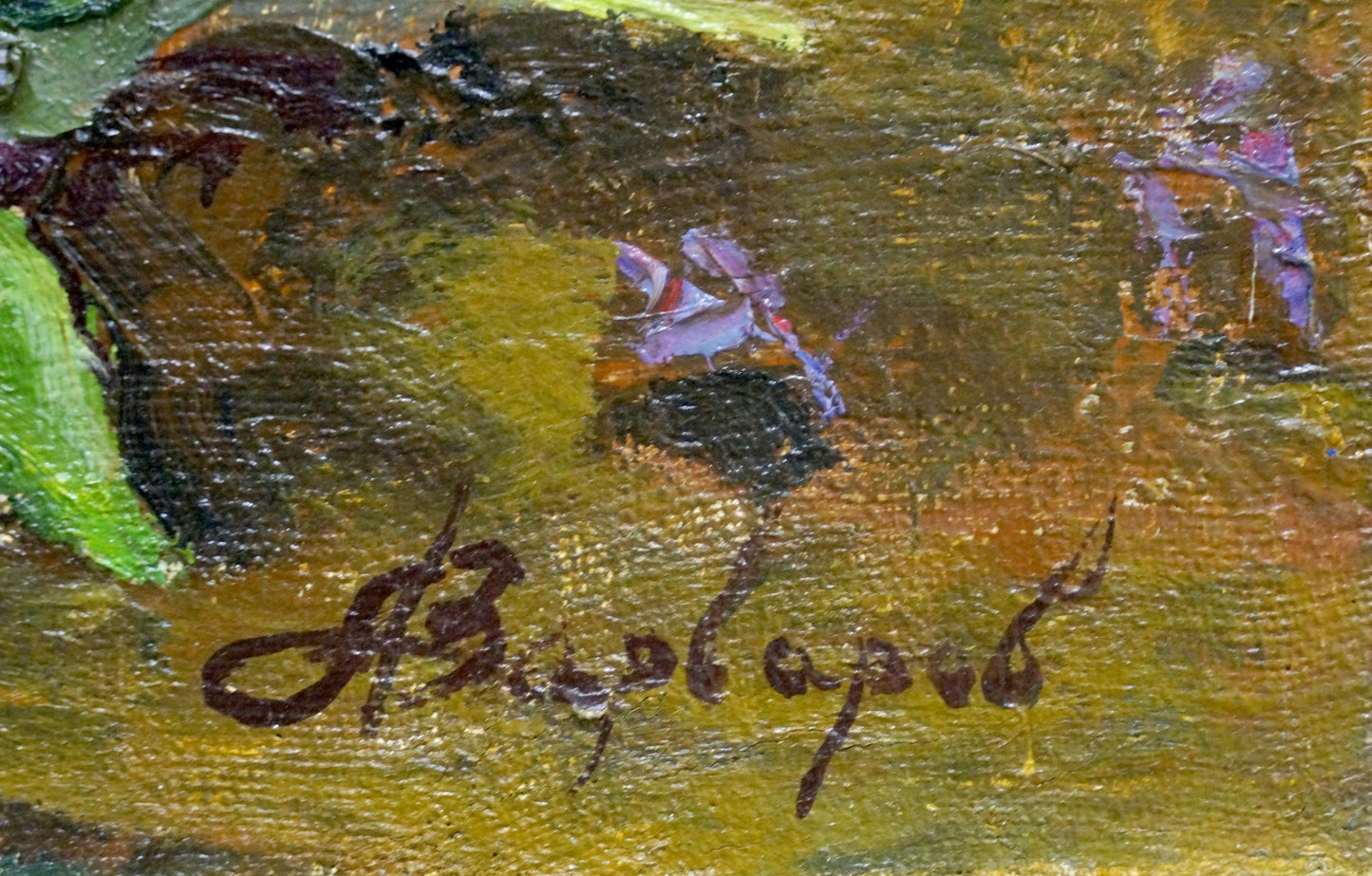 Dark brown cursive signature by Anatoly Varvarov on textured Lilac oil painting canvas