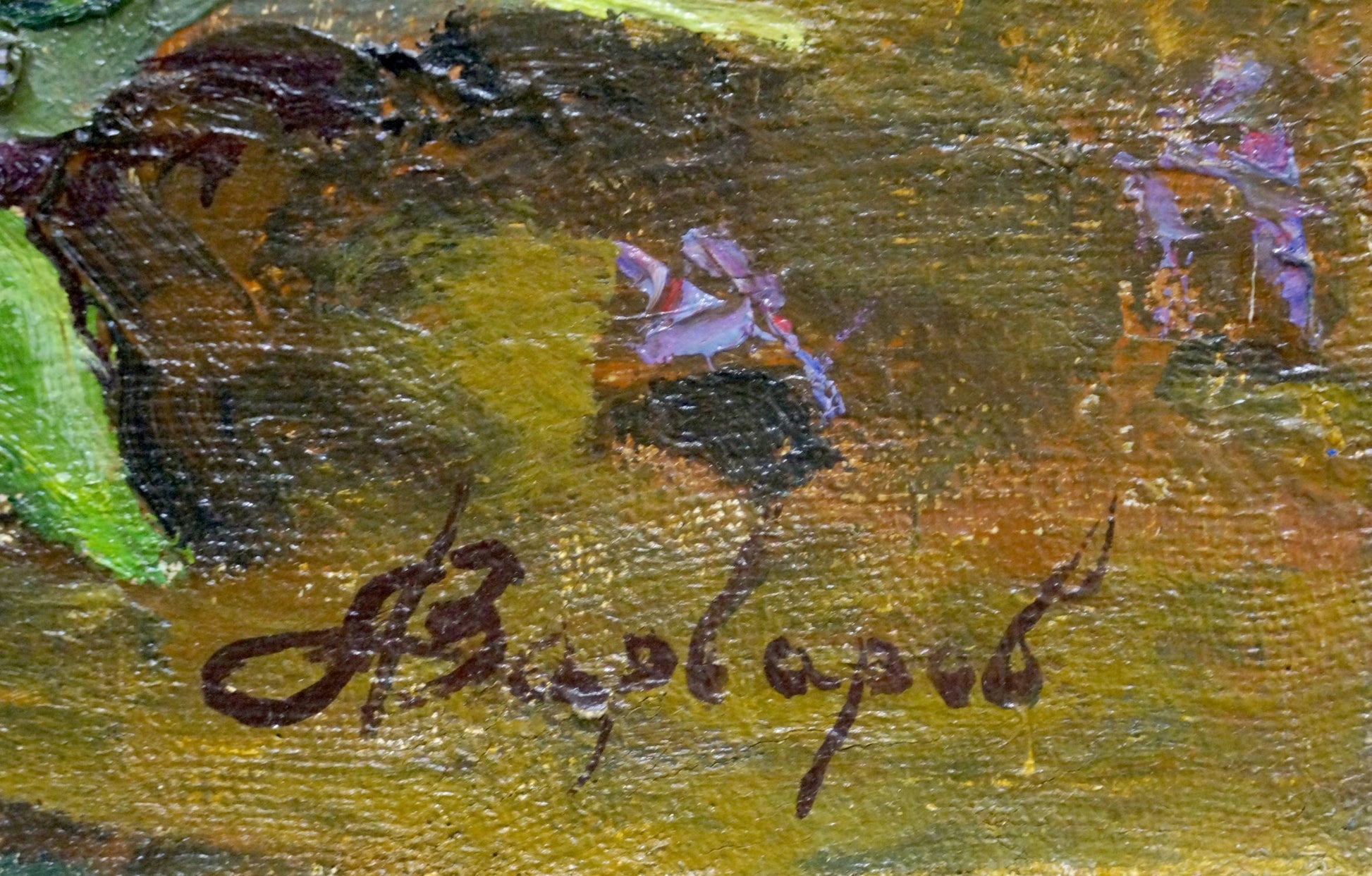 Dark brown cursive signature by Anatoly Varvarov on textured Lilac oil painting canvas