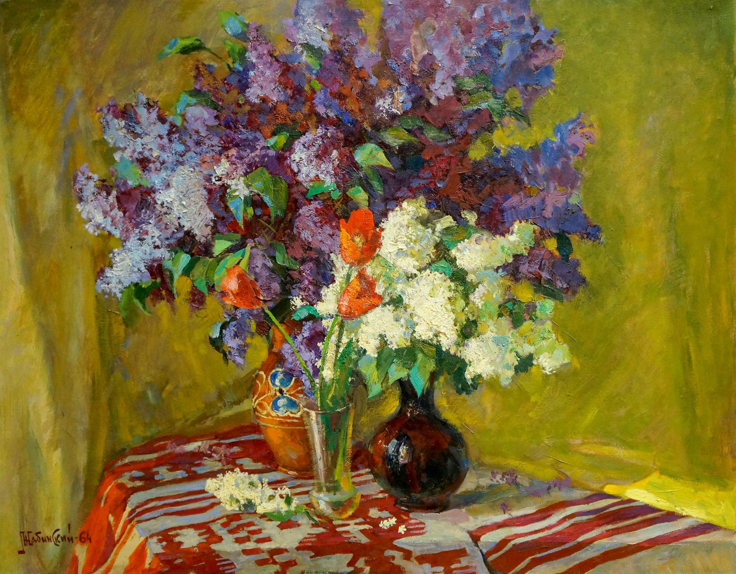 Oil painting of lilacs and tulips in vase by Leonid Zhabinsky