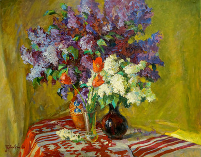 Oil painting of lilacs and tulips in vase by Leonid Zhabinsky