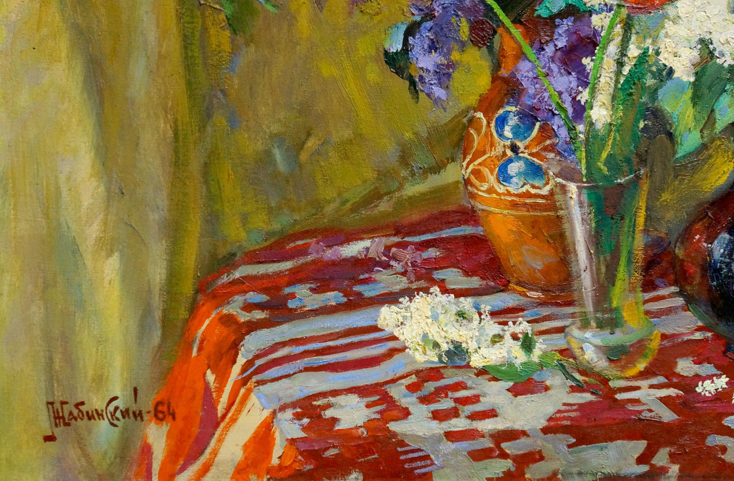 Oil painting of lilacs and tulips on table by Leonid Zhabinsky with orange vase