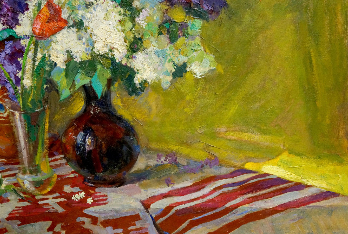 Glossy dark brown ceramic vase with white lilacs and tulips by Leonid Zhabinsky