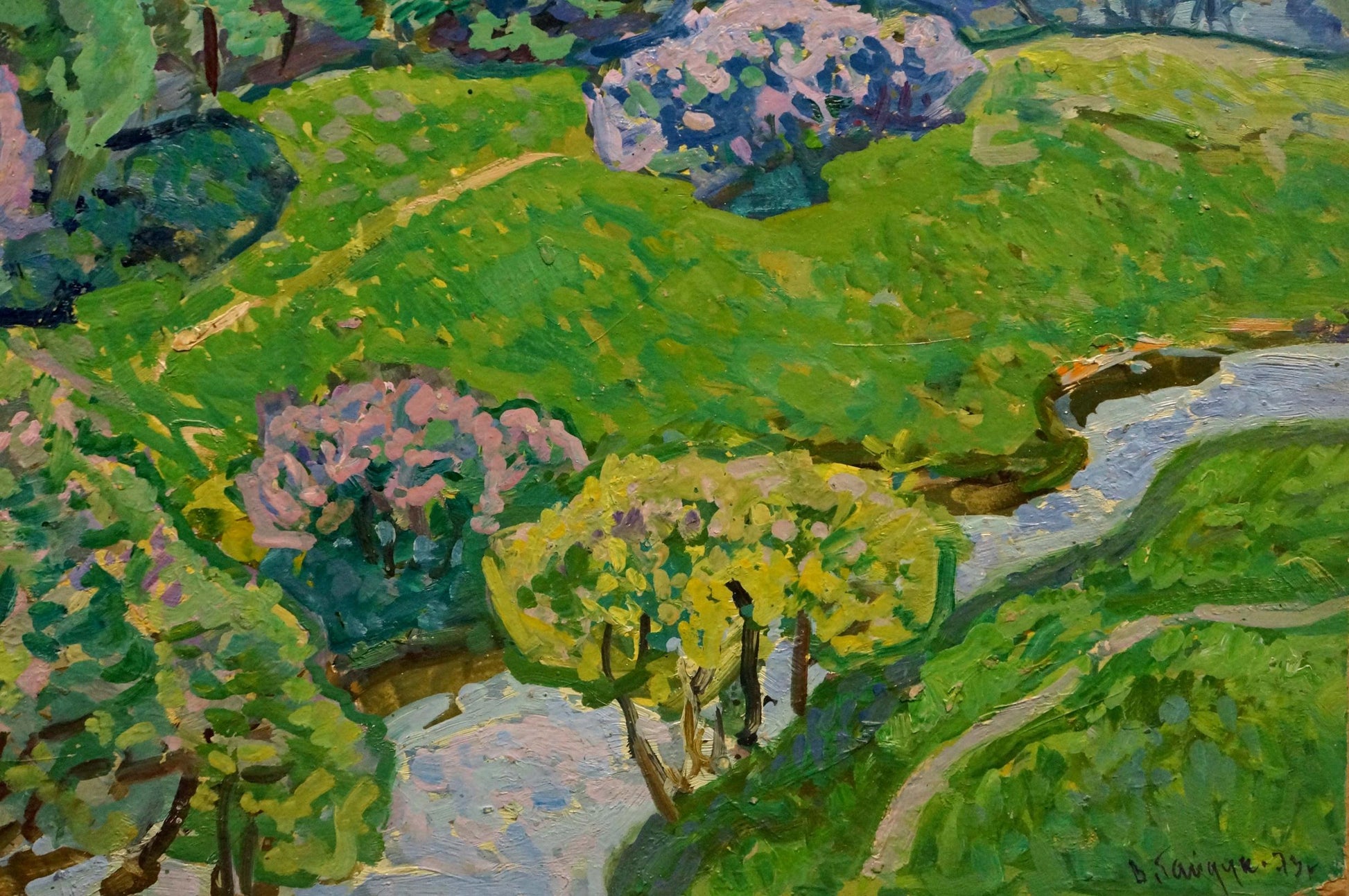 Oil painting Warm morning by Gaiduk Viktor Kirillovich: vibrant green hills with pink yellow trees