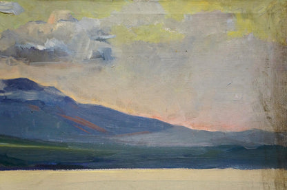 Textured oil painting of island mountain range under cloudy sky