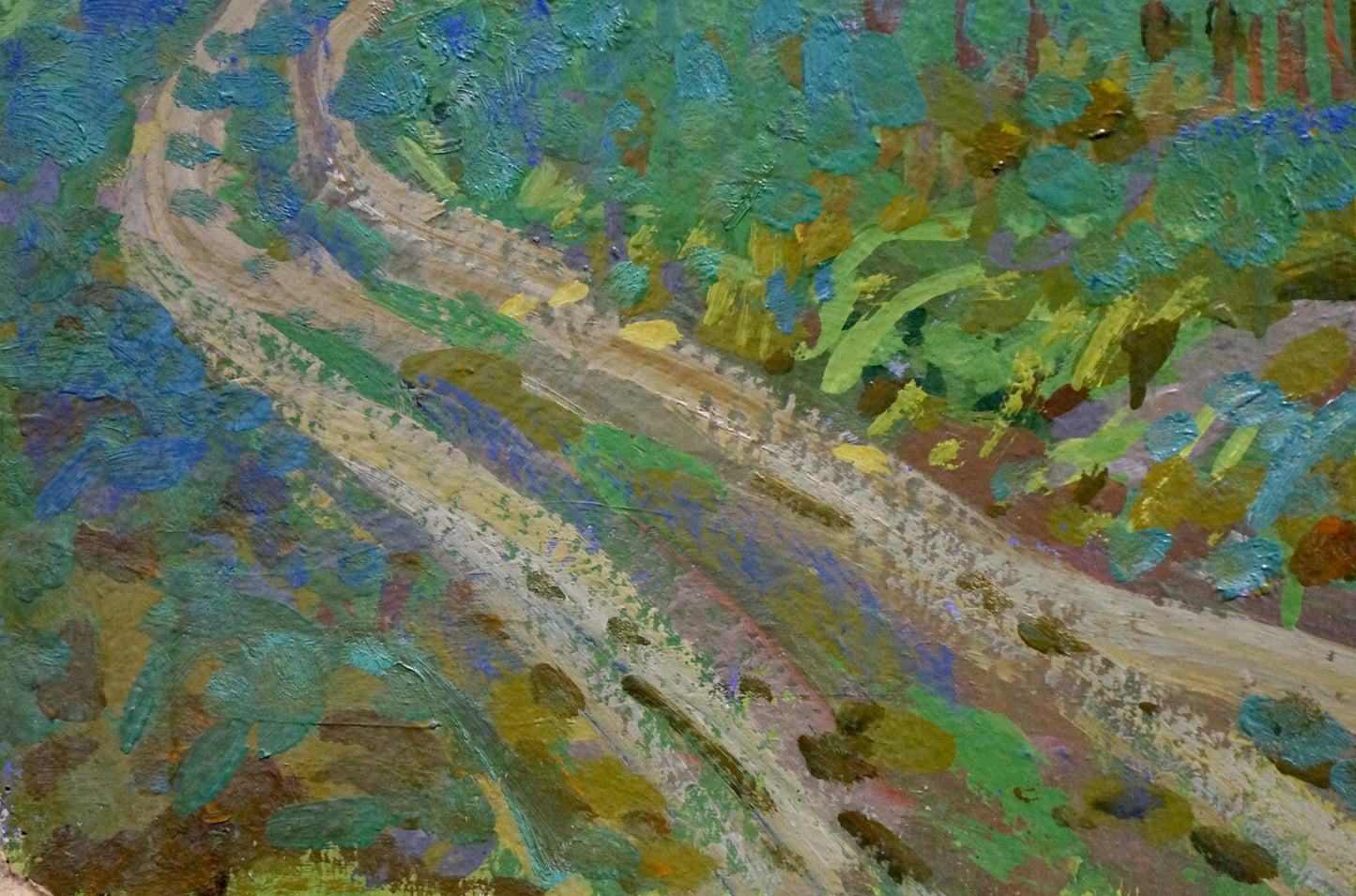 Oil painting Meadow Road by Ruban Grigory Savelievich, winding dirt path in earthy tones