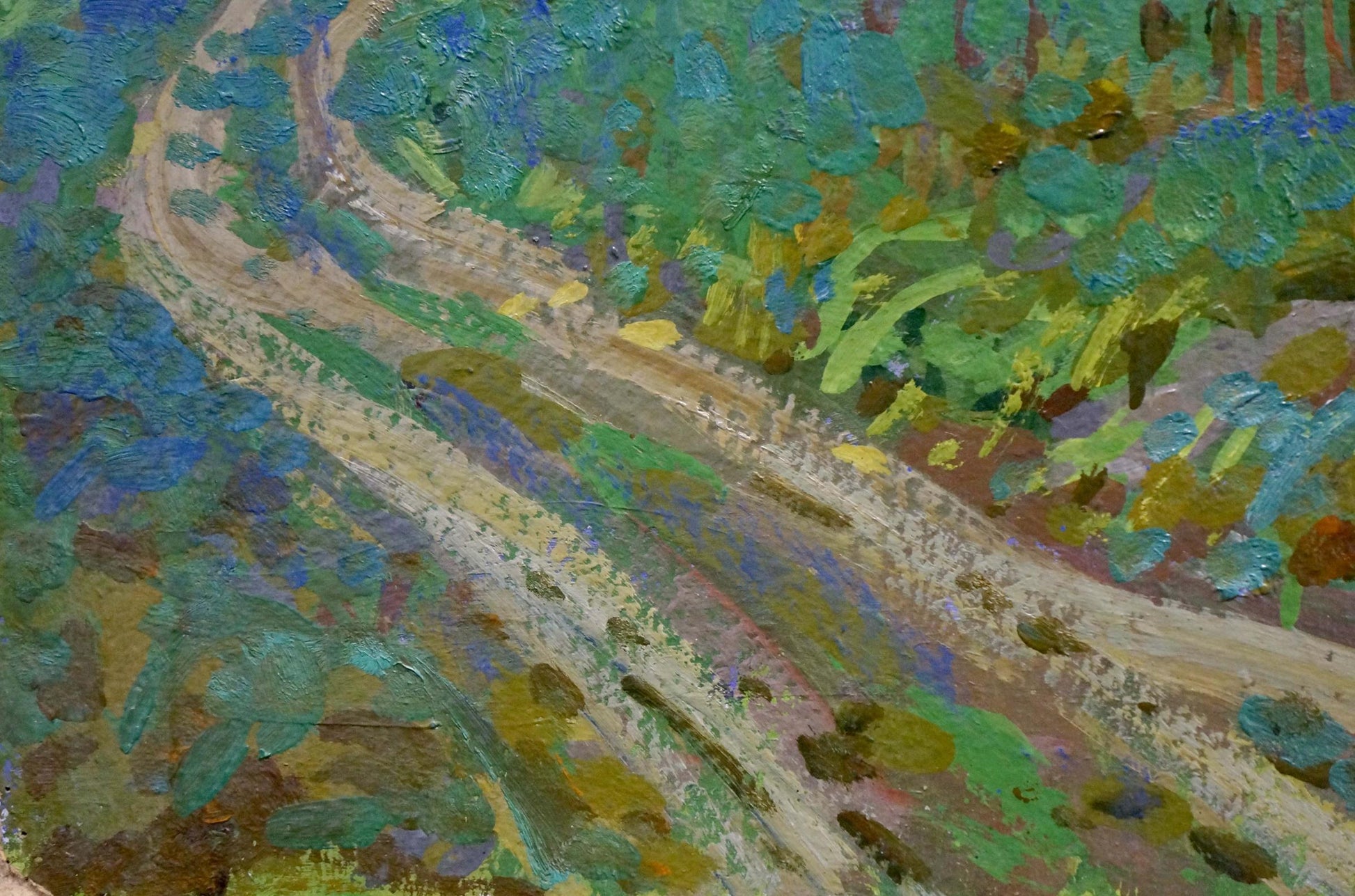 Oil painting Meadow Road by Ruban Grigory Savelievich, winding dirt path in earthy tones