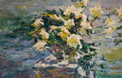 Oil painting by Godun Nikolay Petrovich: white yellow flowers in vase