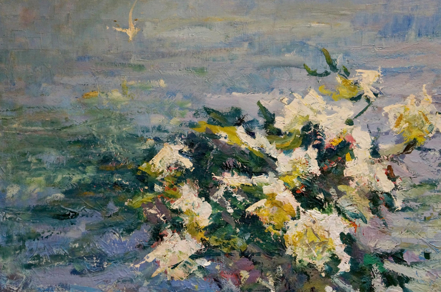 Vibrant impressionistic oil painting of white yellow flowers by Godun Nikolay Petrovich