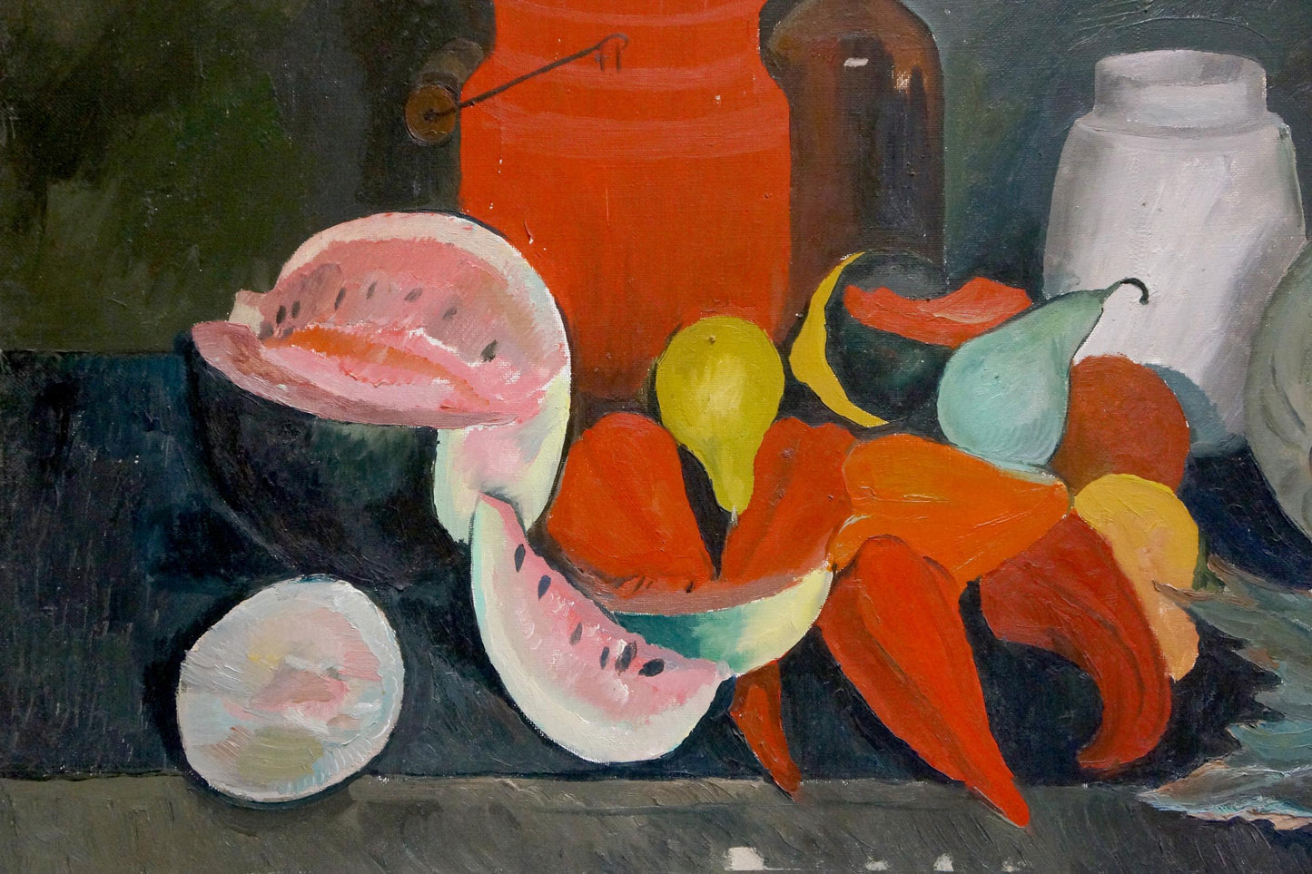 Oil painting still life by Afanasyev Vladimir Nikolaevich: sliced watermelon and colorful pears