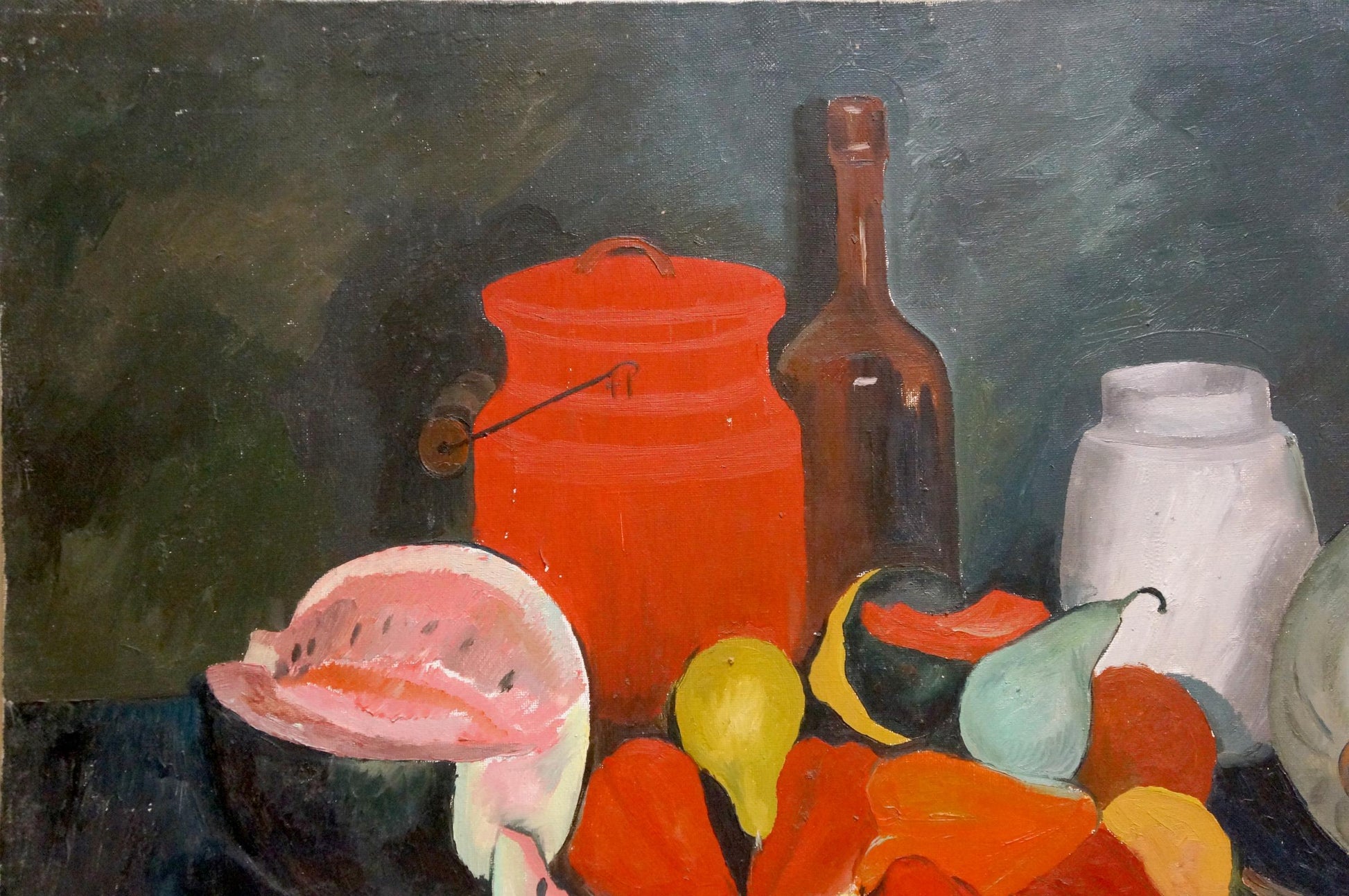 Vibrant red ceramic jar with lid and handle in Afanasyev oil painting still life