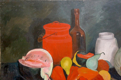 Vibrant red ceramic jar with lid and handle in Afanasyev oil painting still life