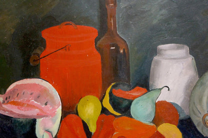 Vibrant orange ceramic jar with handle and lid in Afanasyev oil painting still life