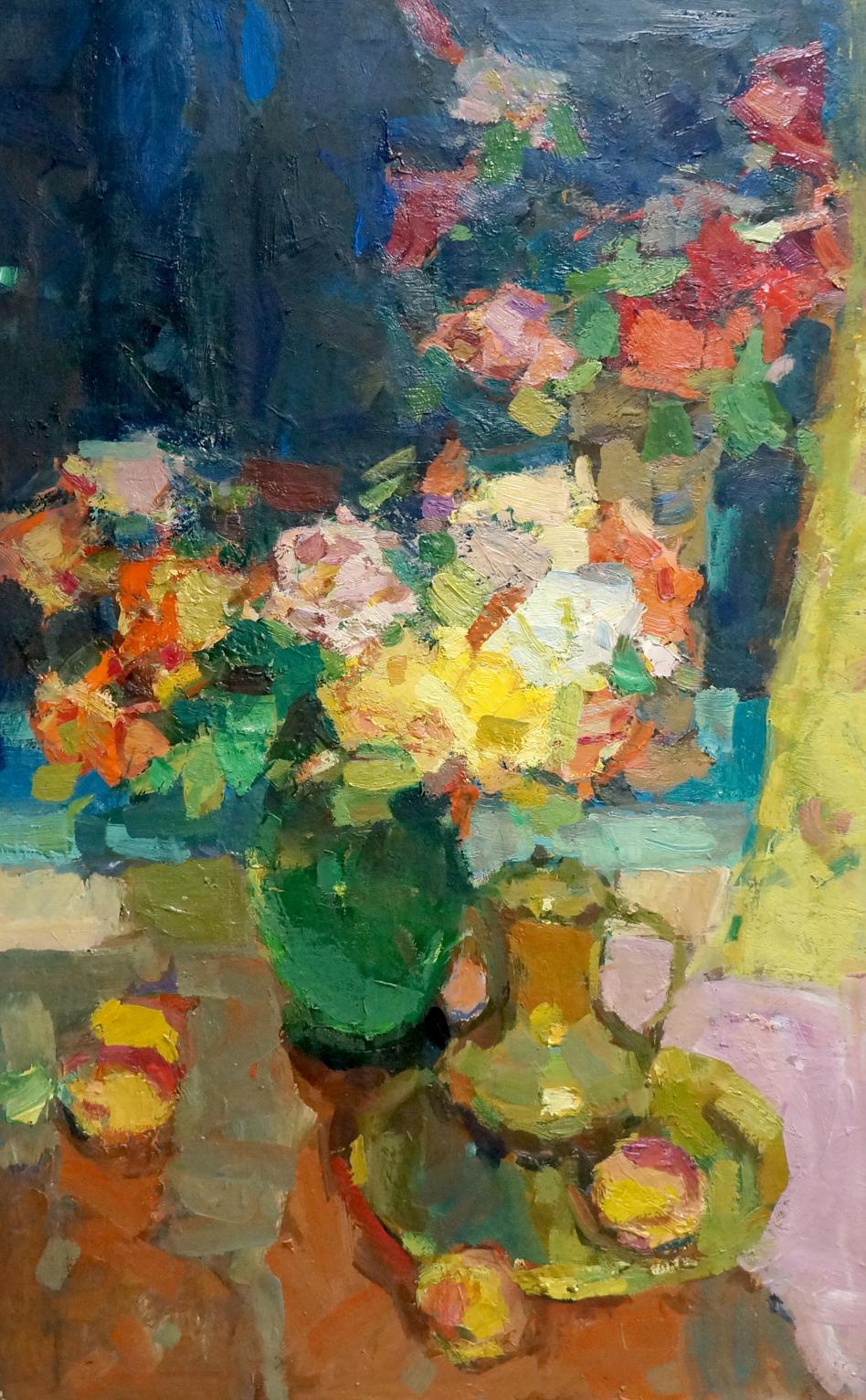 Oil painting Night Roses by Schwab Vladimir with vibrant green vase and colorful flowers