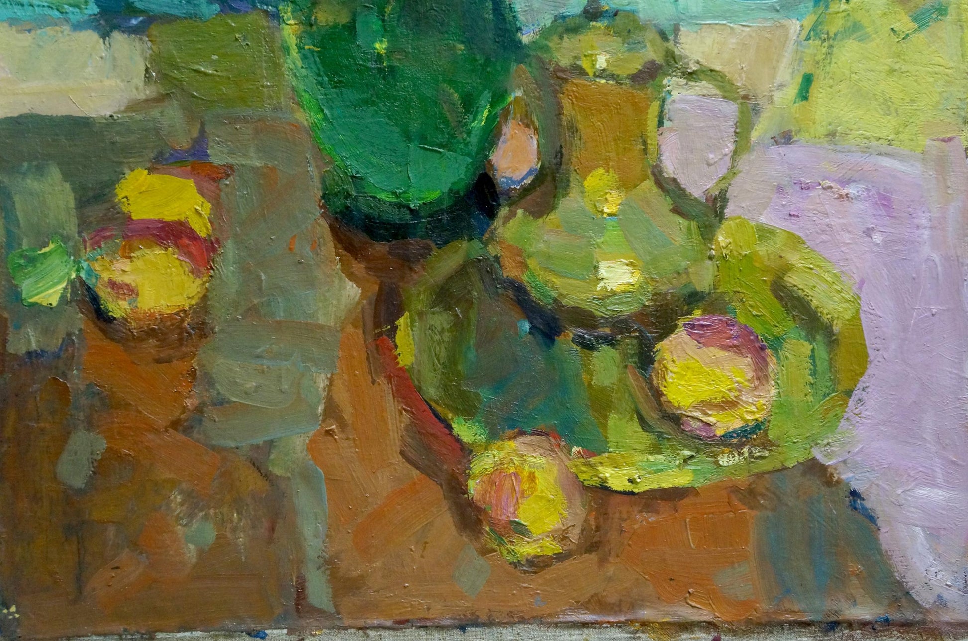 Vibrant green ceramic pitcher in Schwab Vladimir Night Roses oil painting style