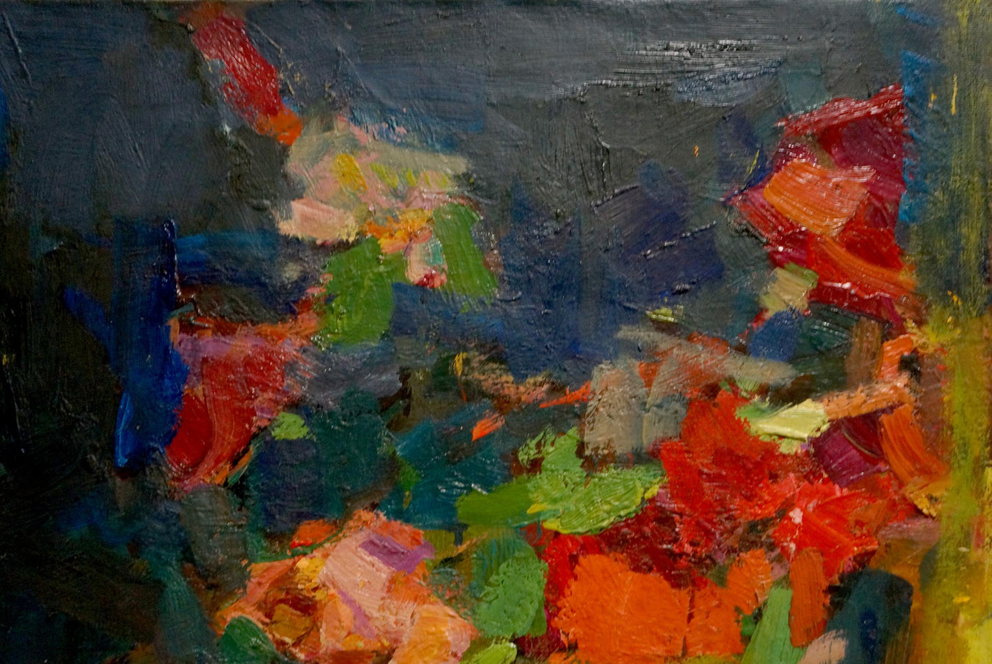 Oil painting Night Roses by Schwab Vladimir, abstract reds oranges greens blues