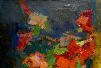 Oil painting Night Roses by Schwab Vladimir, abstract reds oranges greens blues