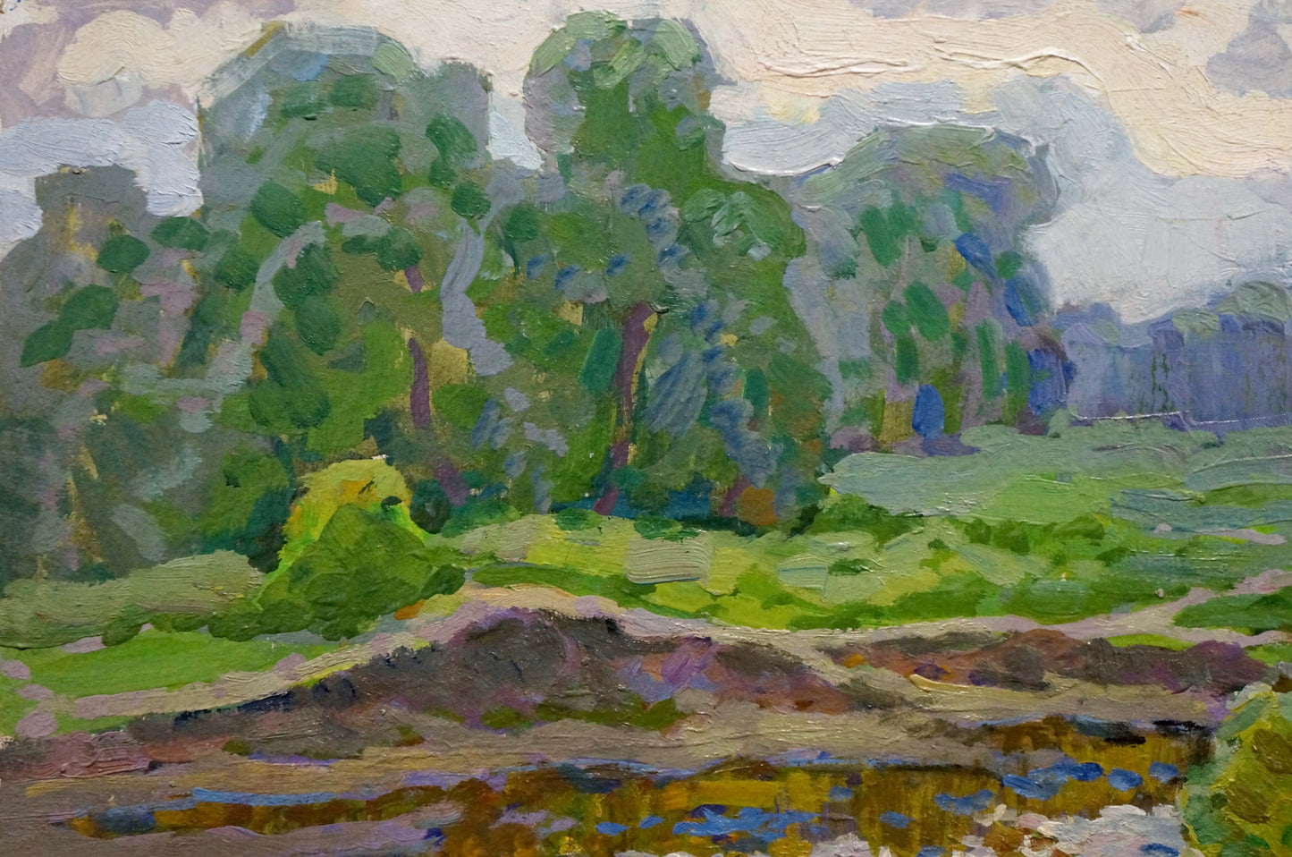 Vibrant impressionist oil painting of summer forest by river by Ruban Grigory Savelievich