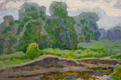 Vibrant impressionist oil painting of summer forest by river by Ruban Grigory Savelievich