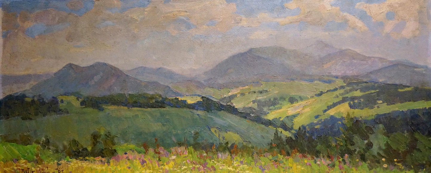 Oil painting by Zhabinsky Leonid Andreevich: serene green hills, purple mountains