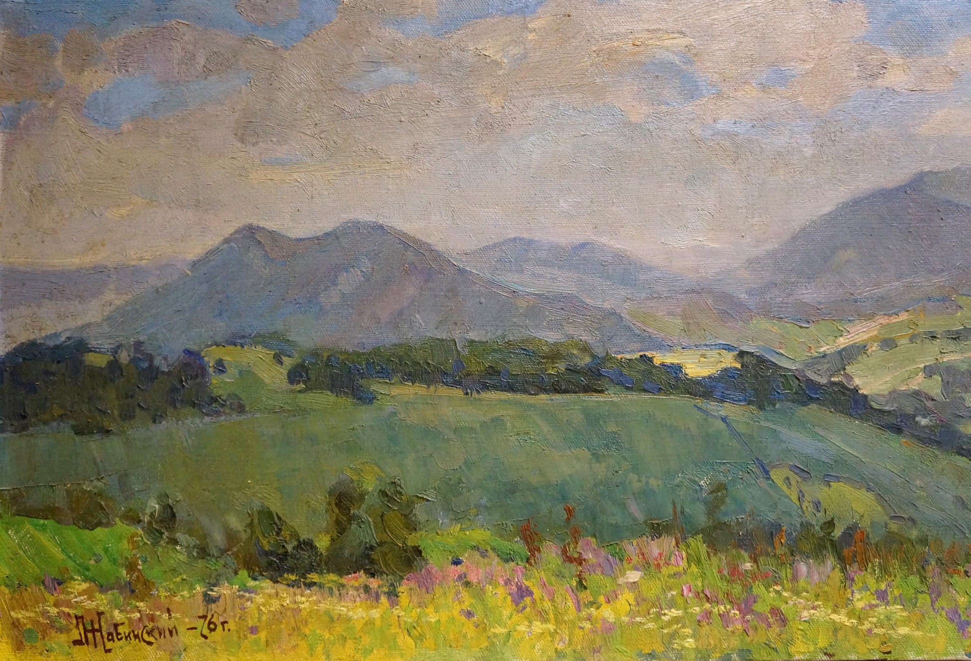 Oil painting of rolling green hills and mountains by Zhabinsky Leonid Andreevich