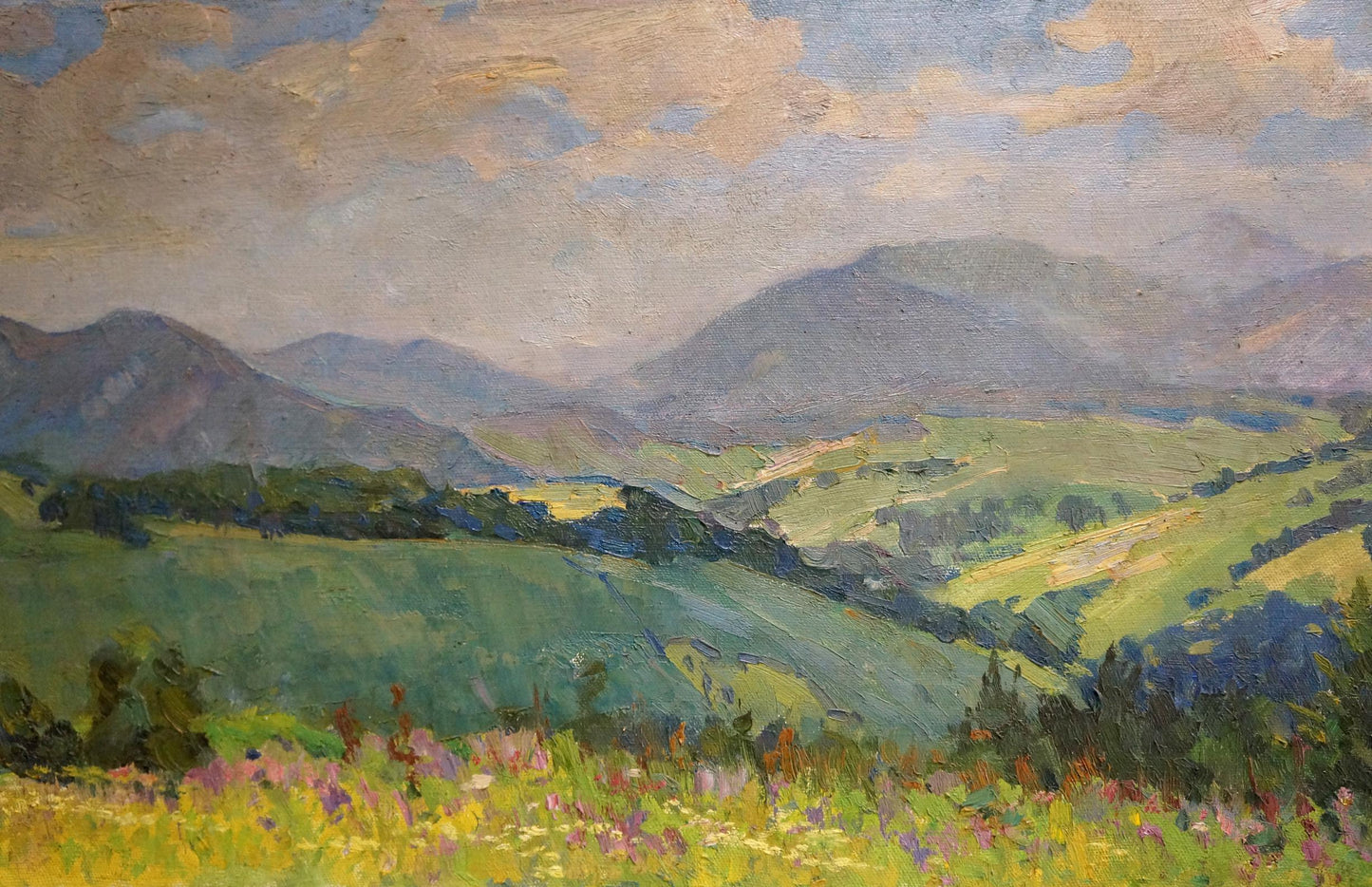 Vibrant impressionist oil painting of green hills and mountains by Zhabinsky Leonid Andreevich