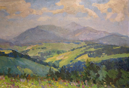 Oil painting of green hills and purple mountains by Zhabinsky Leonid Andreevich