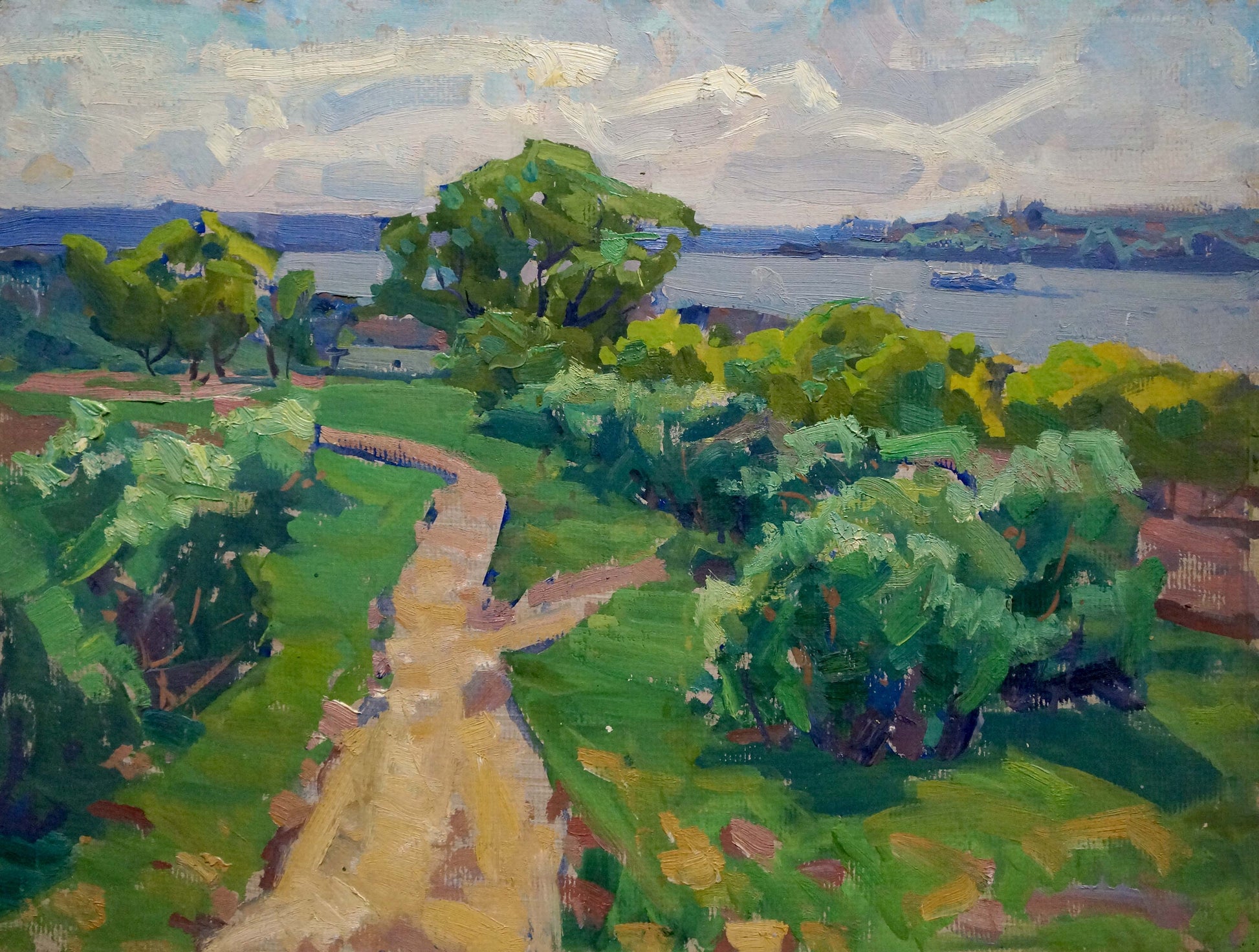 Vibrant oil painting Warm summer day by Anatoly Fomin: path to serene river