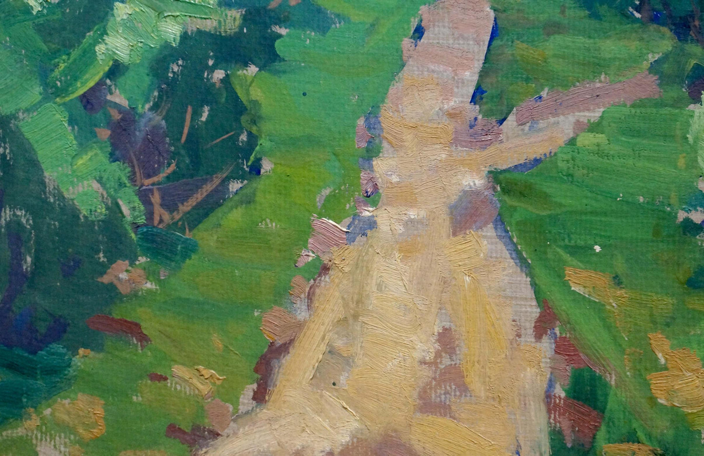 Oil painting Warm summer day by Anatoly Fomin textured tree trunk and foliage