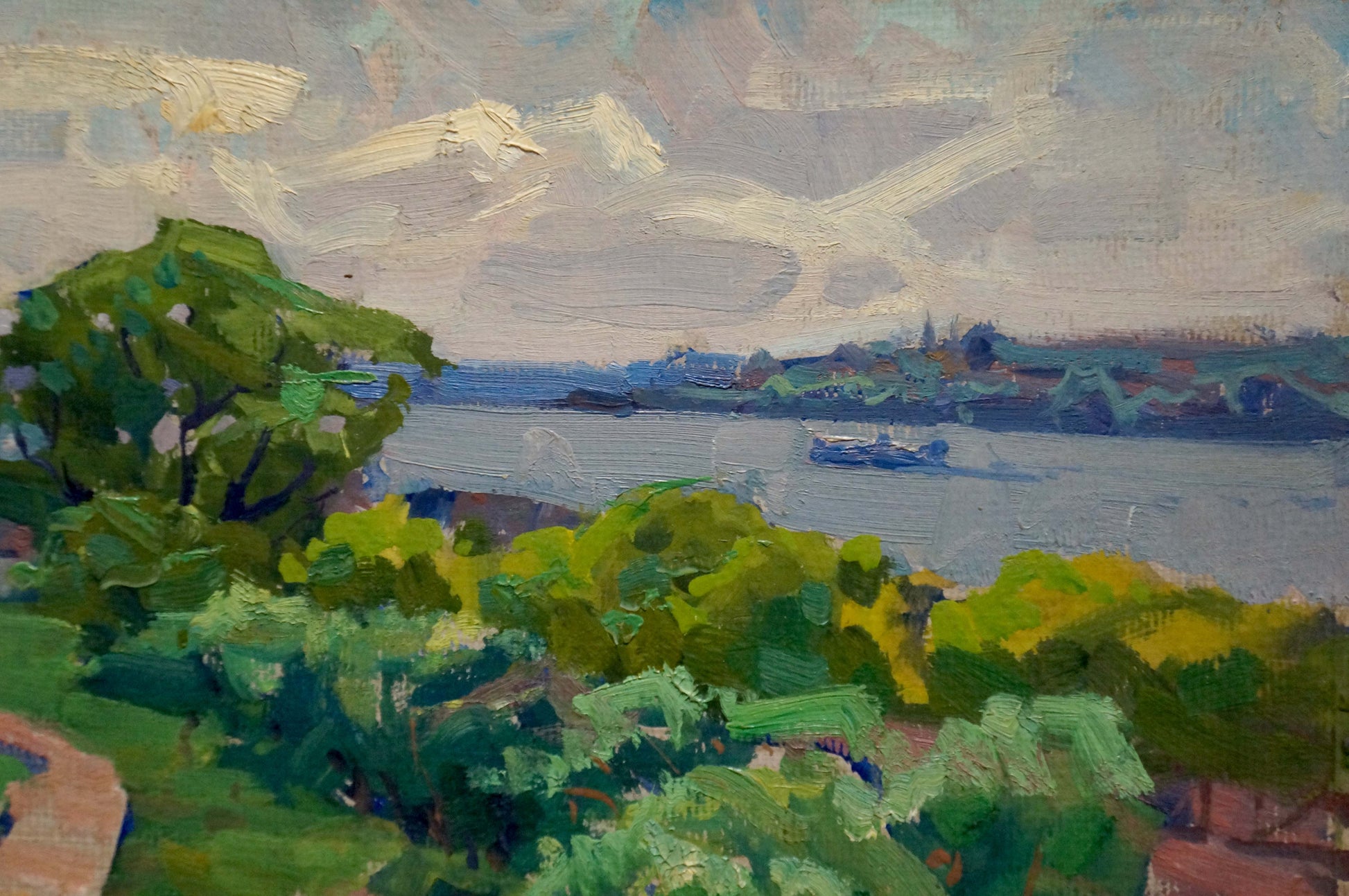 Oil painting Warm summer day by Anatoly Fomin with green foliage, boat and sky