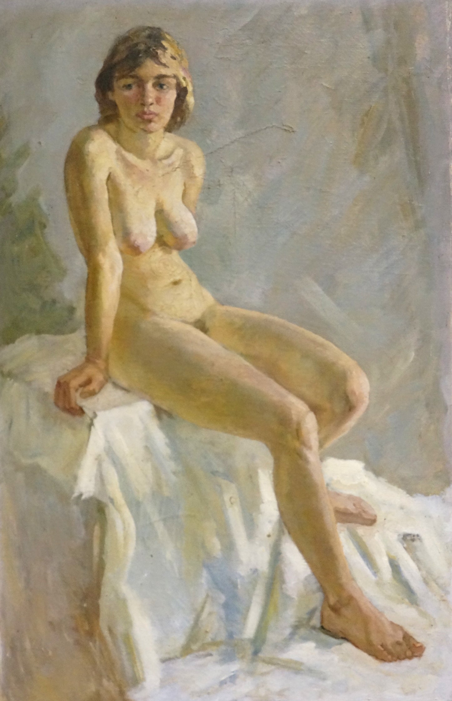 Impressionistic oil painting by P. Yakimchuk of female figure with light brown hair on white fabric