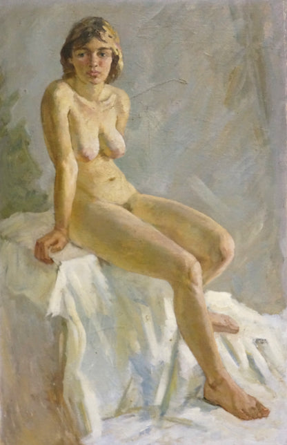 Impressionistic oil painting by P. Yakimchuk of female figure with light brown hair on white fabric