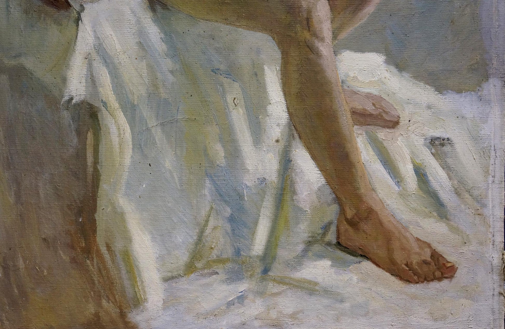 Impressionistic oil painting by P. Yakimchuk of soft white fabric draping bare foot of female figure