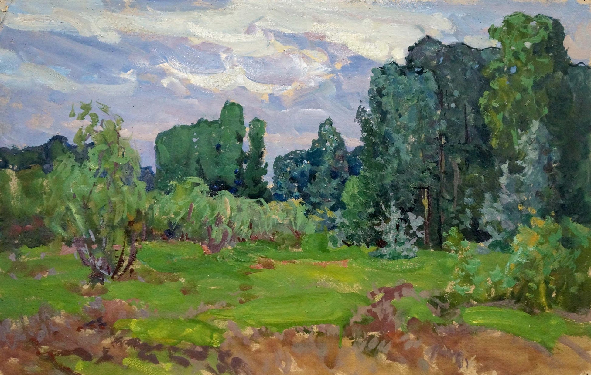 Oil painting Wet forest after rain by Anatoly Fomin: lush green trees and grass under cloudy sky