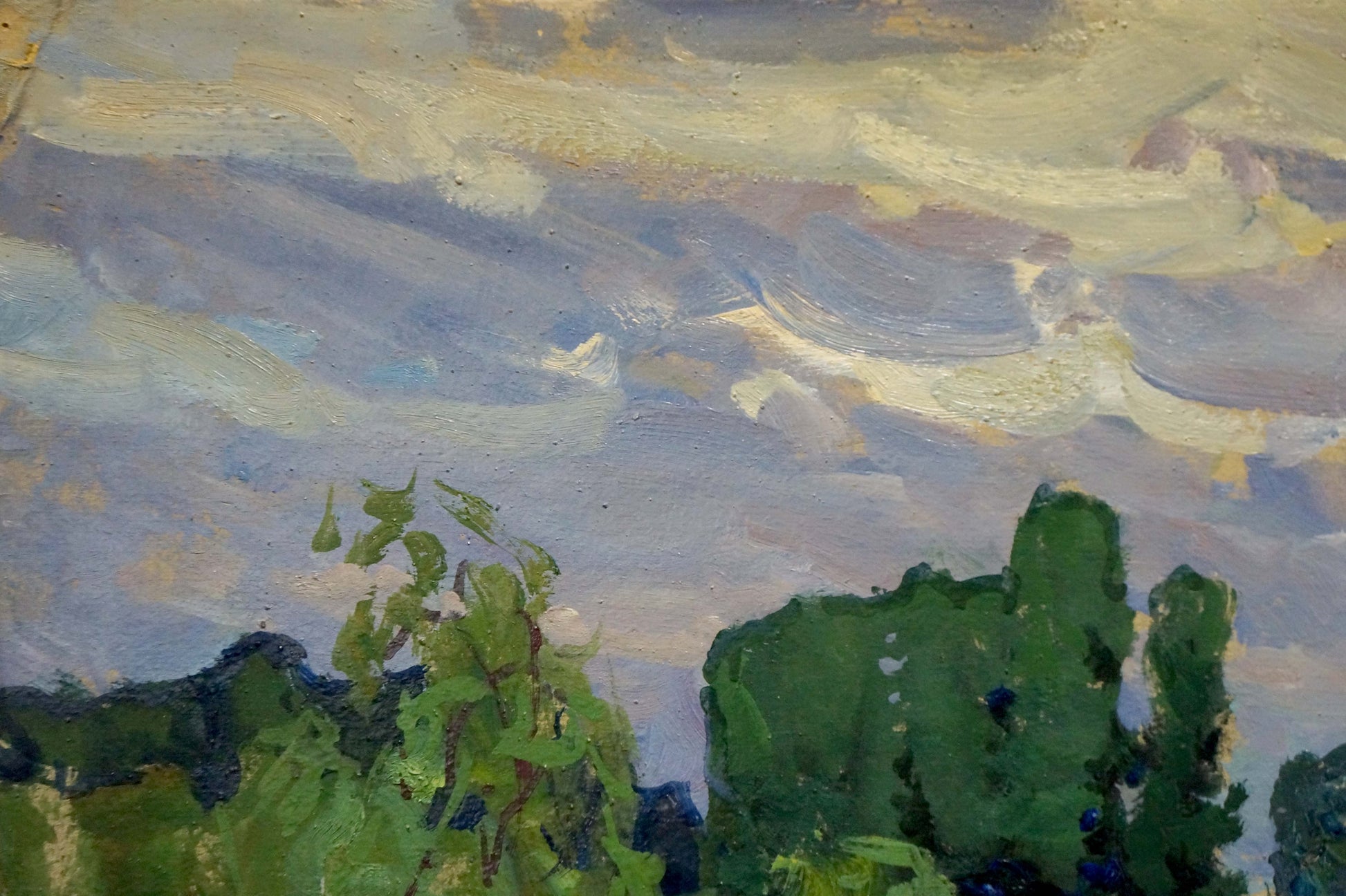 Oil painting Wet forest after rain by Anatoly Fomin with pale yellow lavender clouds