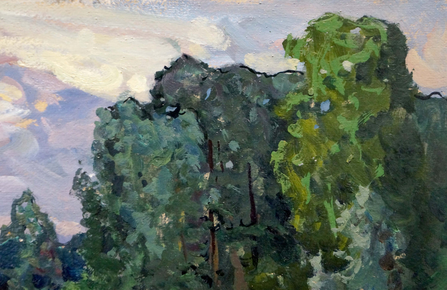 Oil painting Wet forest after rain by Anatoly Fomin lush green trees cloudy sky
