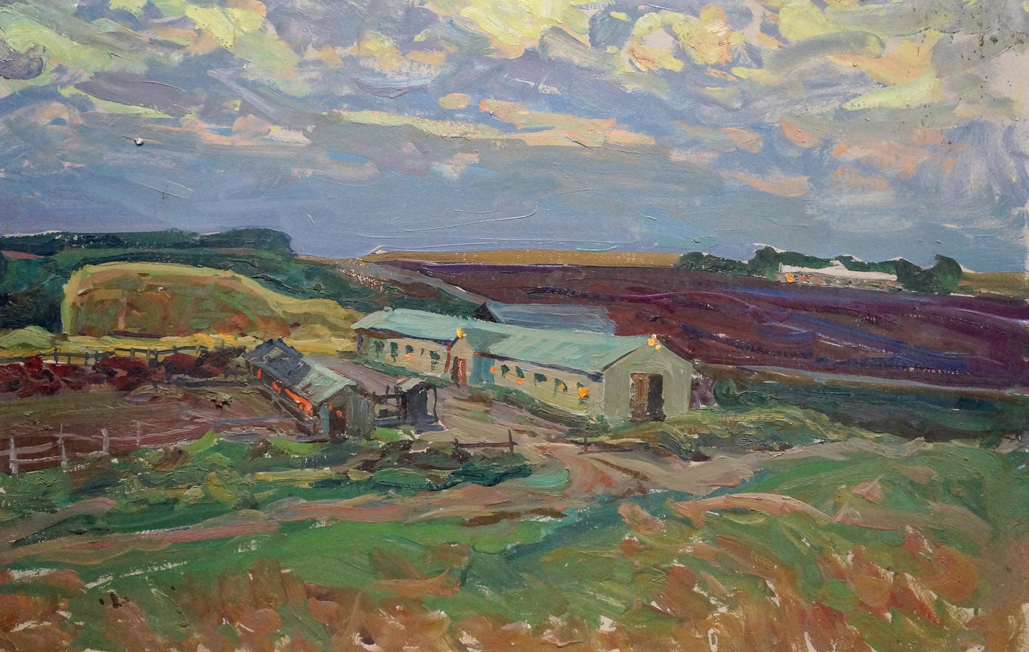 Vibrant impressionistic oil painting by Fomin Anatoly Nikiforovich of rural farm landscape
