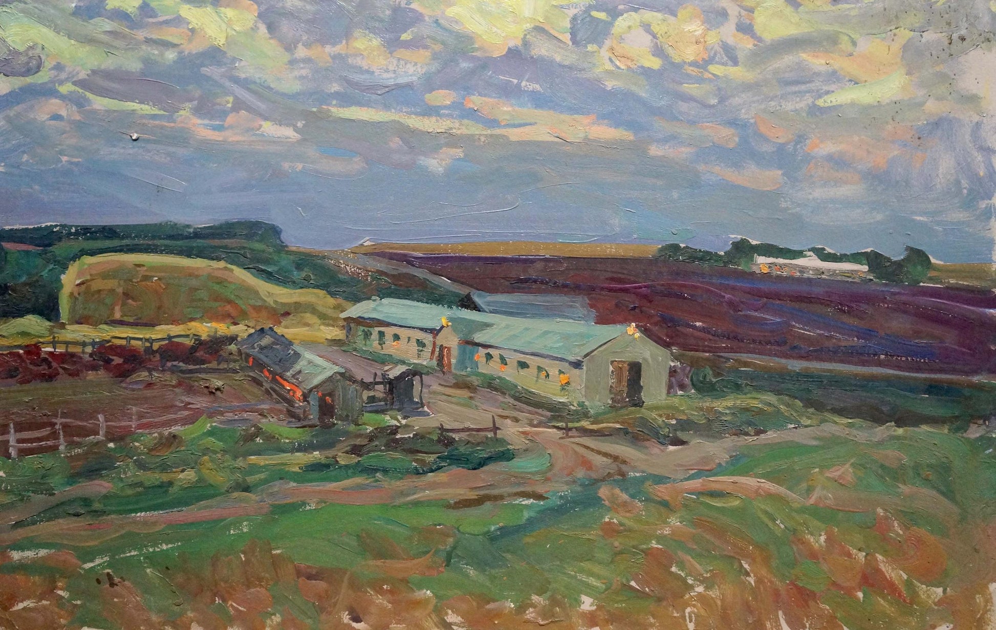 Vibrant impressionistic oil painting by Fomin Anatoly Nikiforovich of rural farm landscape