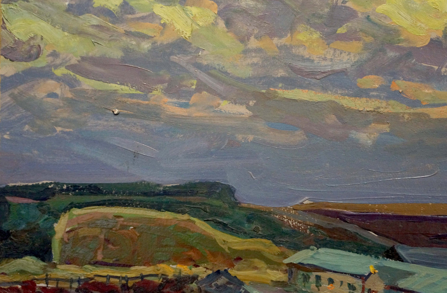 Oil painting Farm by Fomin Anatoly Nikiforovich: green hills, dynamic sky