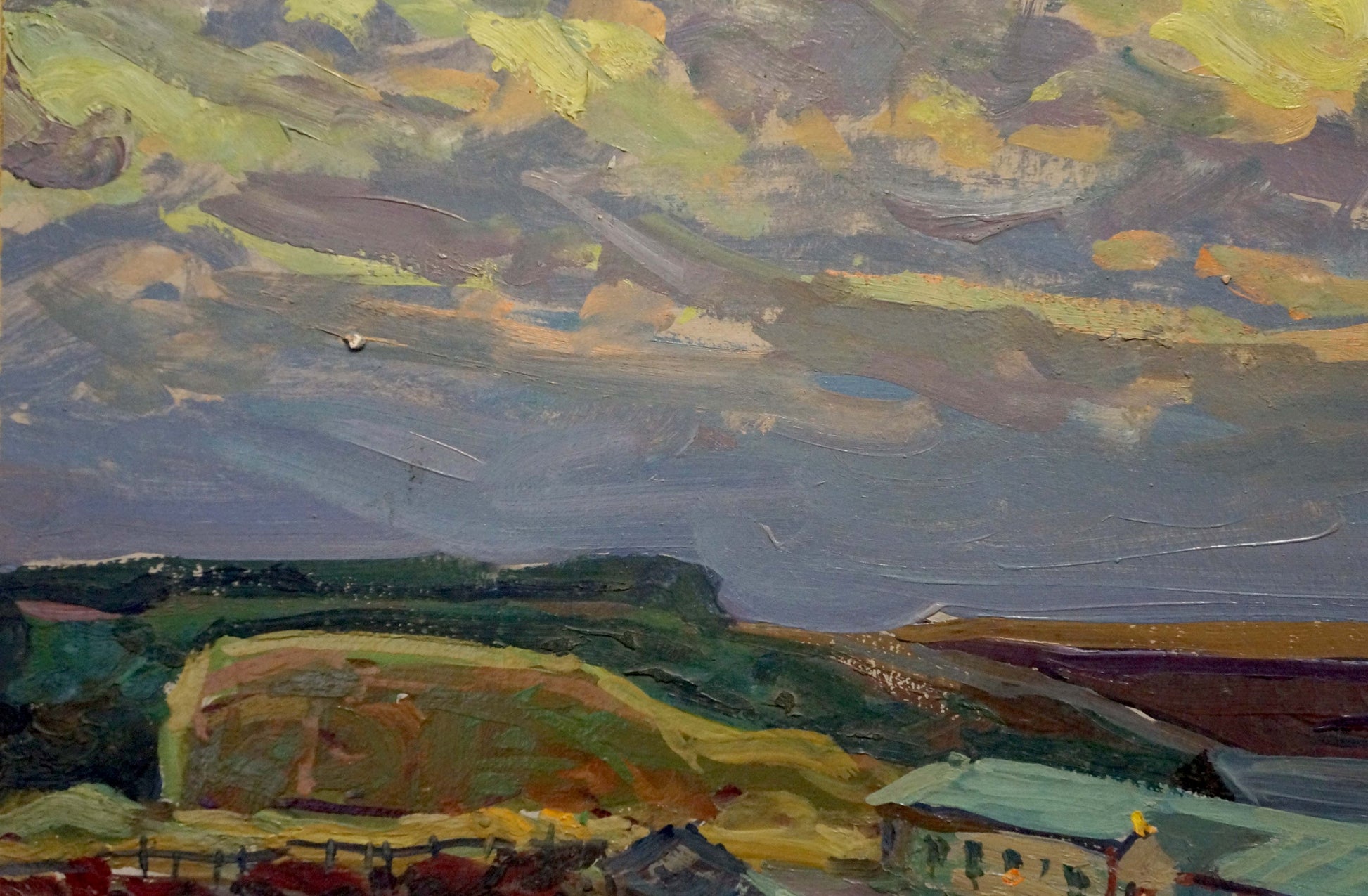 Oil painting Farm by Fomin Anatoly Nikiforovich: green hills, dynamic sky