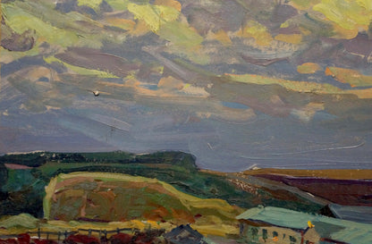Oil painting Farm by Fomin Anatoly Nikiforovich: green hills, dynamic sky