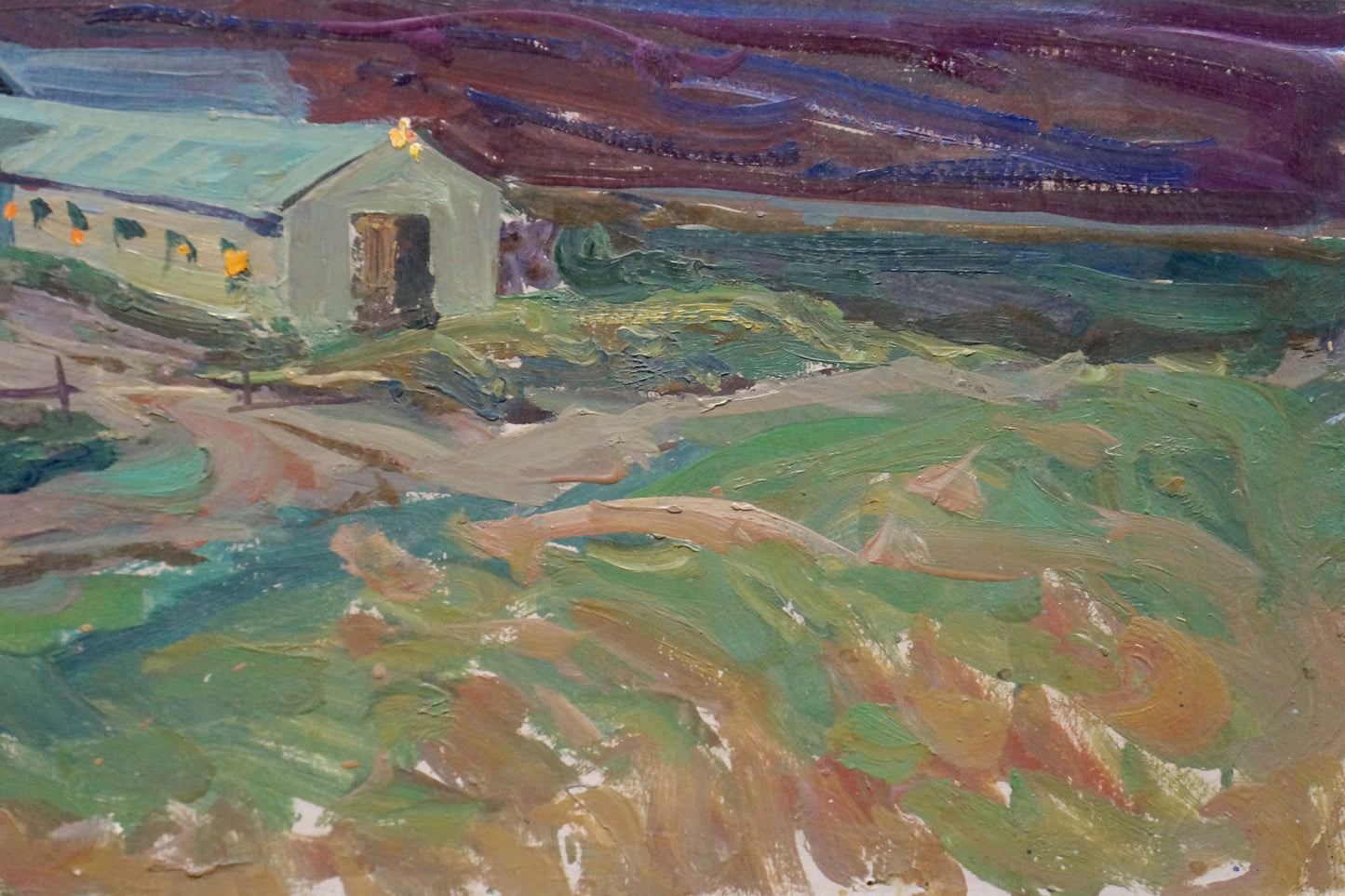 Oil painting Farm by Fomin Anatoly Nikiforovich: house in green hills