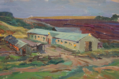 Textured oil painting of Fomin Anatoly Nikiforovich rustic farmstead with green roofs