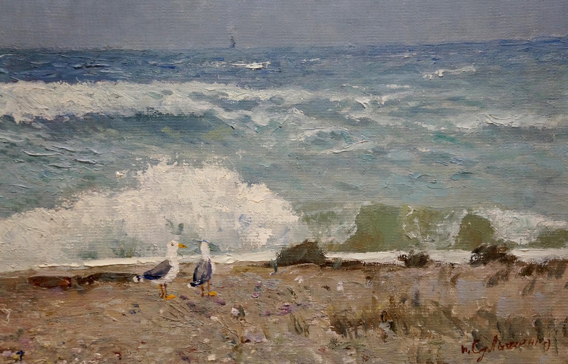 Oil painting by Sulimenko Petr Stepanovich: two seagulls on beach by waves