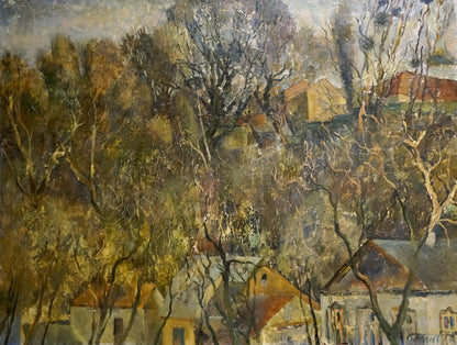 Oil painting Suburban Massif by Bazilev Sergey, autumn village scene