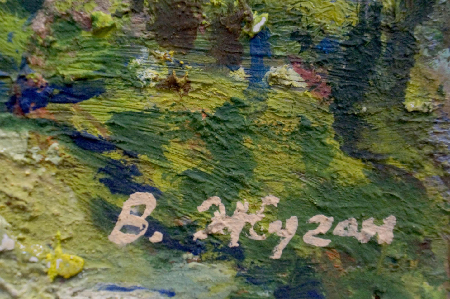Oil painting Mount Ai-Petri Zhugan by Vladimir Alexandrovich, textured green blue impasto